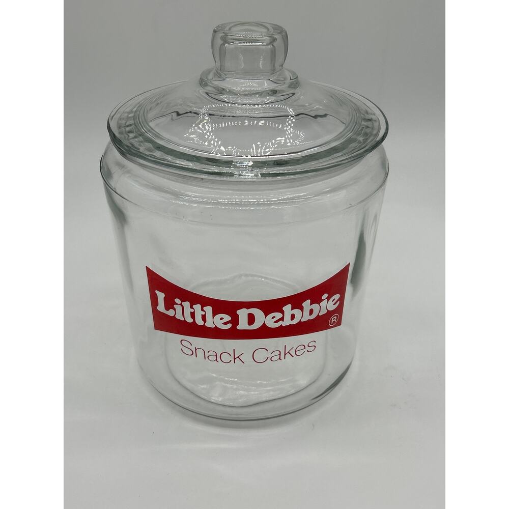 Vintage Little Debbie Snack Cakes Glass Cookie Jar Canister w Lid 8” Advertising